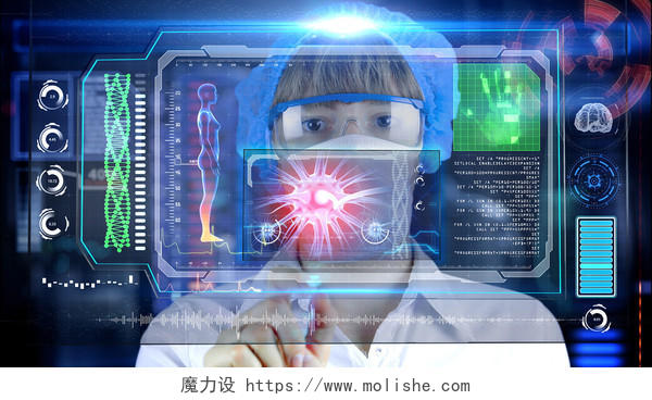 未来派的平视显示器屏幕平板电脑前的医生医疗平台
